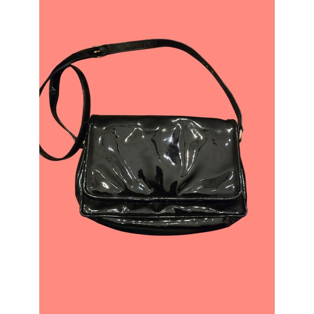 Vintage Ganson Black Patent Leather Shoulder Bag - 1980s Envelope Style
